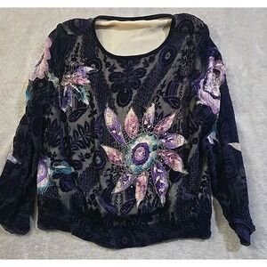 Crushed Velvet Beaded Top Womens 2X Purple Pink Floral Artsy Art To Wear Fairy